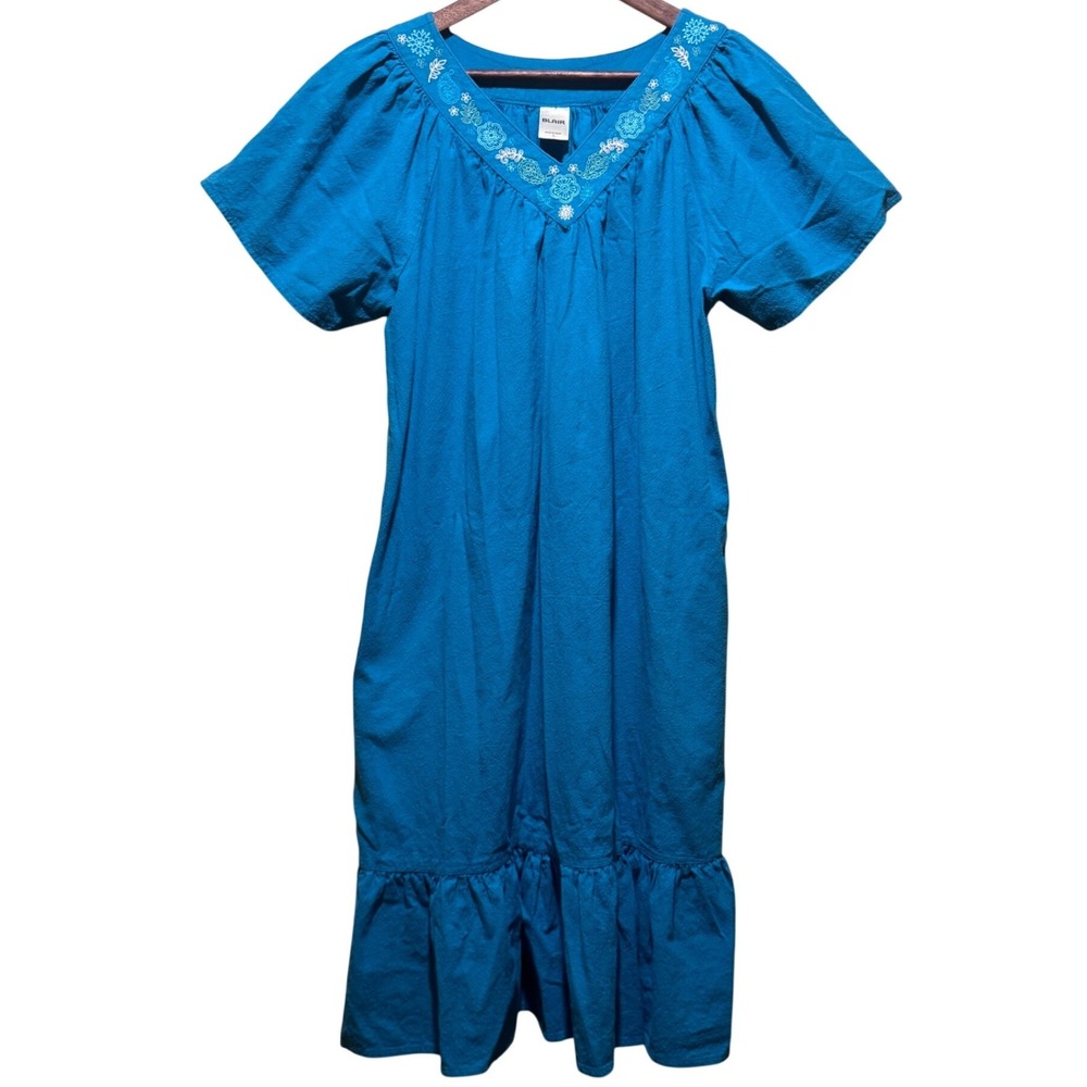 Blue Cotton Denim Embroidered V-Neck Ruffle Hem Pocket Peasant Boho-Folk Dress‎